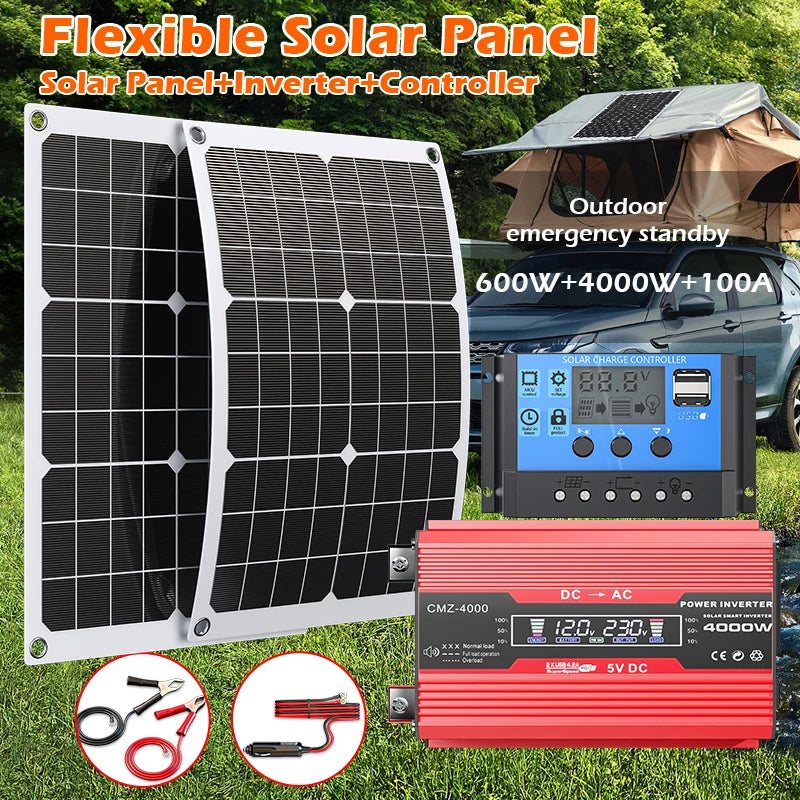 4000W Portable Solar Panel Kit – 110V/220V Inverter & 100A Controller for RV, Camping & Off-Grid