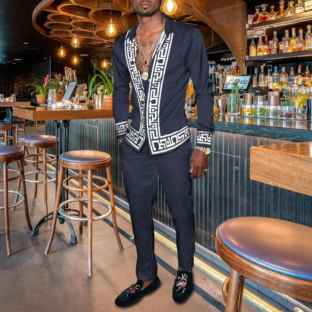 Men's 3D Retro Harajuku Print Long Sleeve Lapel Shirt & Long Pants 2-Piece Set