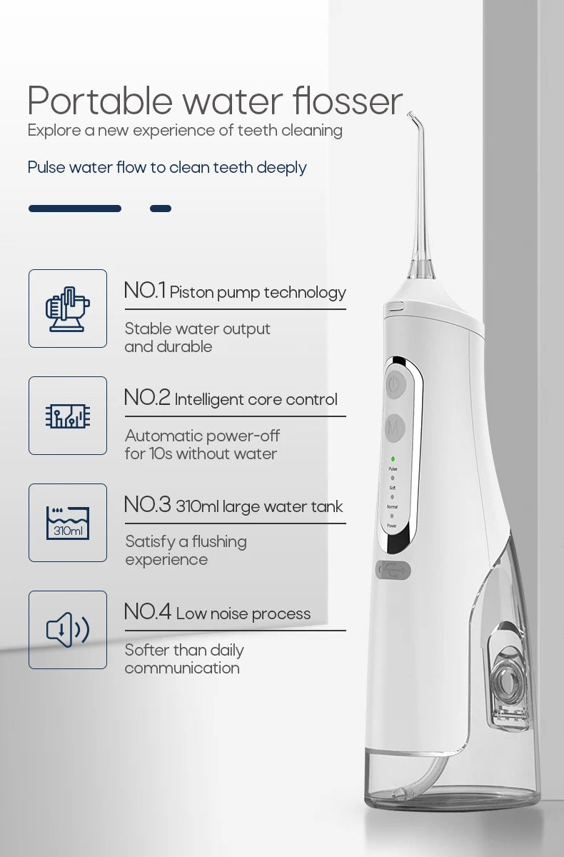 Portable Oral Irrigator – USB Rechargeable, 310ml Tank, 4 Pressure Modes, IPX7, 4 Nozzles