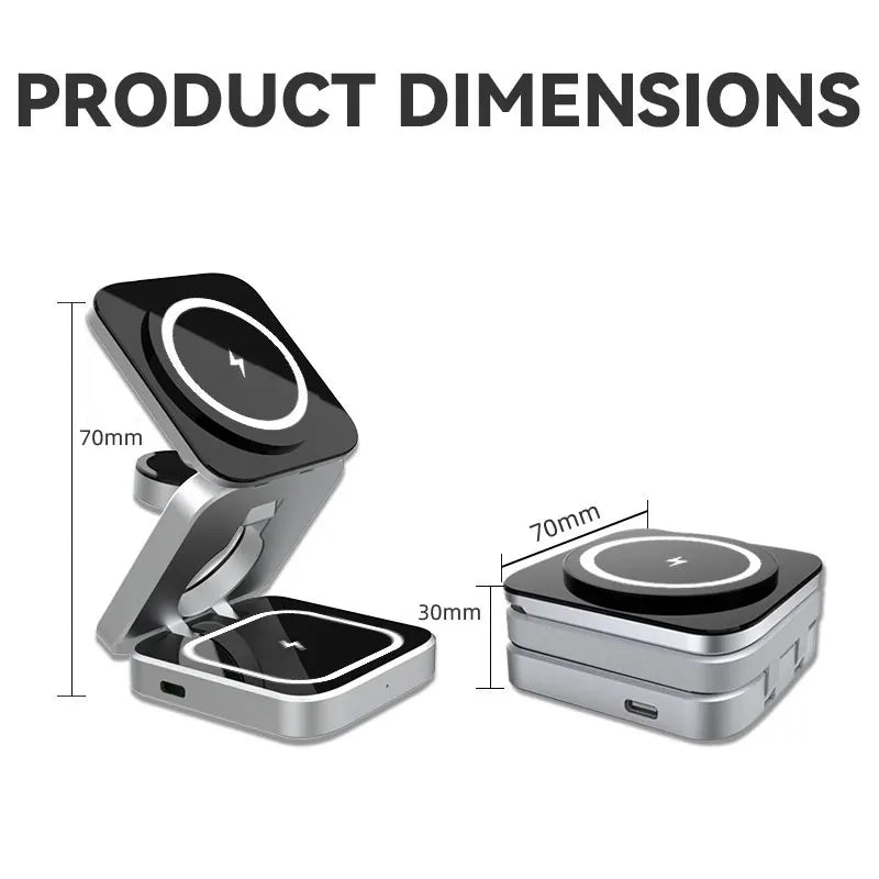 Foldable 3-in-1 Magnetic Wireless Charging Station for iPhone 12–17, Apple Watch & AirPods – Travel Charger