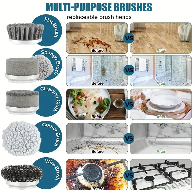 Electric Spin Scrubber – 5 Replaceable Brush Heads, 1500mAh Rechargeable, 450 RPM Cordless Cleaning Brush