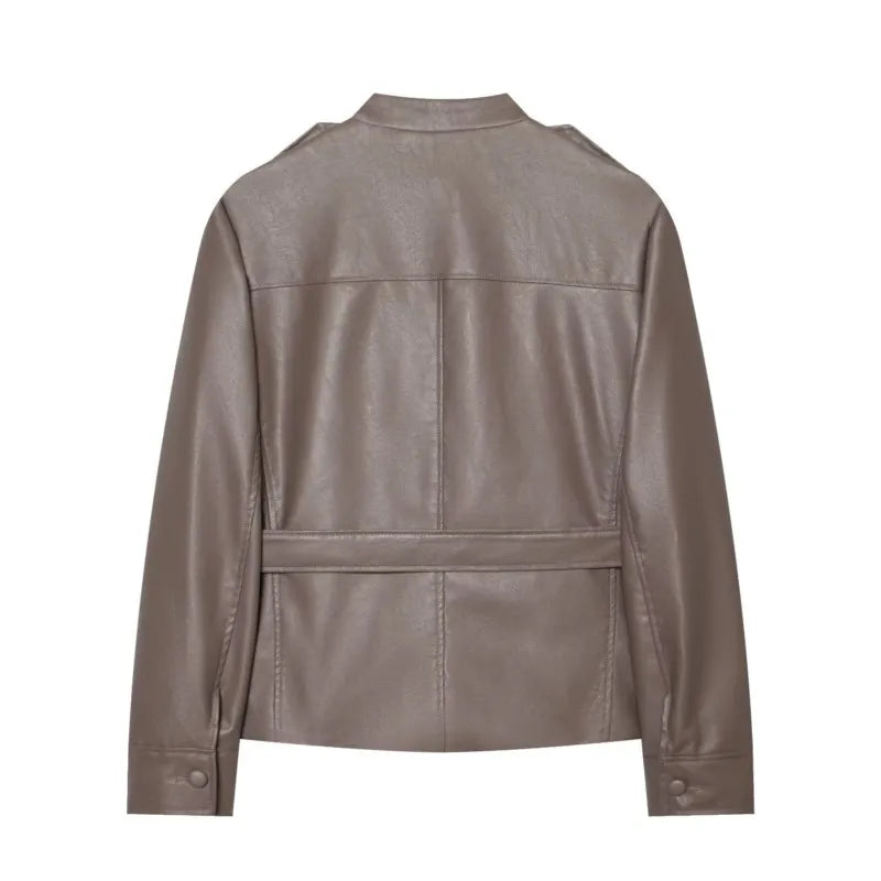 Women's Belted Jacket – Stand Collar Button Front