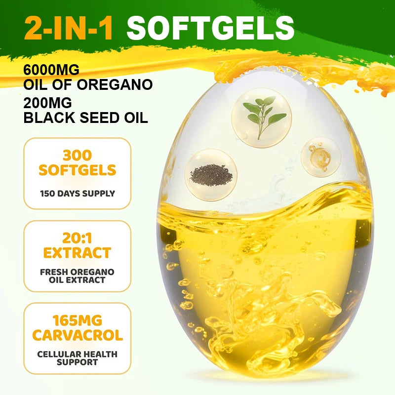 Oregano Oil & Black Seed Oil Softgels – Immune, Gut Health & Antioxidant Support, 60 or 120 Capsules