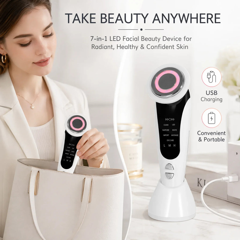 7-in-1 LED Facial Beauty Device – Cleansing, Serum Infusion, LED Light Therapy & Eye Care Massager