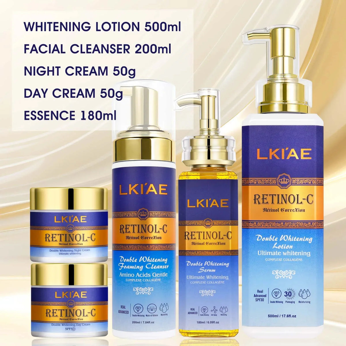 AILKE Retinol Double Whitening 5-in-1 Skincare Kit – Body Lotion, Face Cream, Serum & Cleanser for All Skin Types