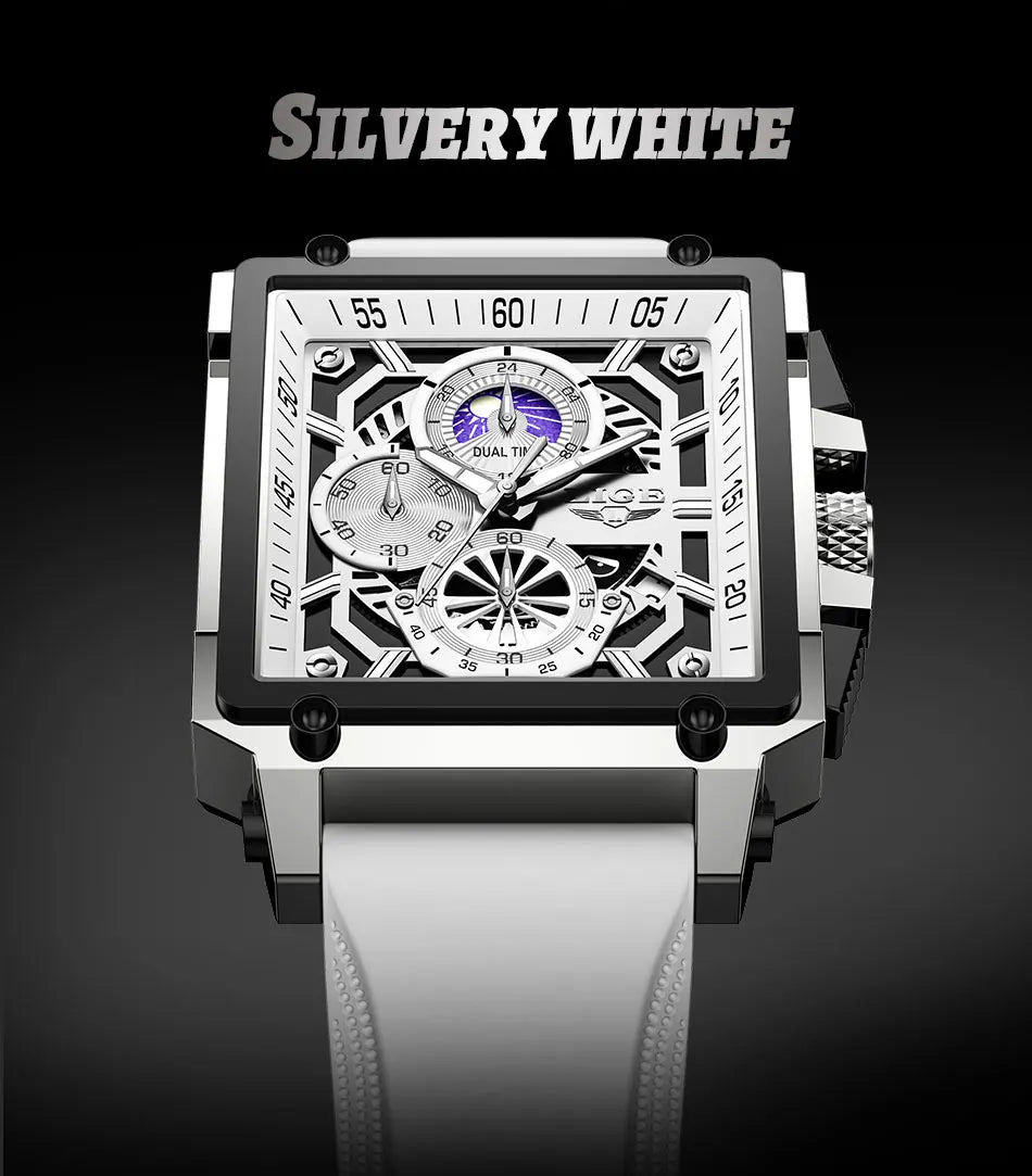 LIGE Men's Hollow Square Sport Watch | Fashion Silicone Strap Waterproof Quartz Wristwatch with Box