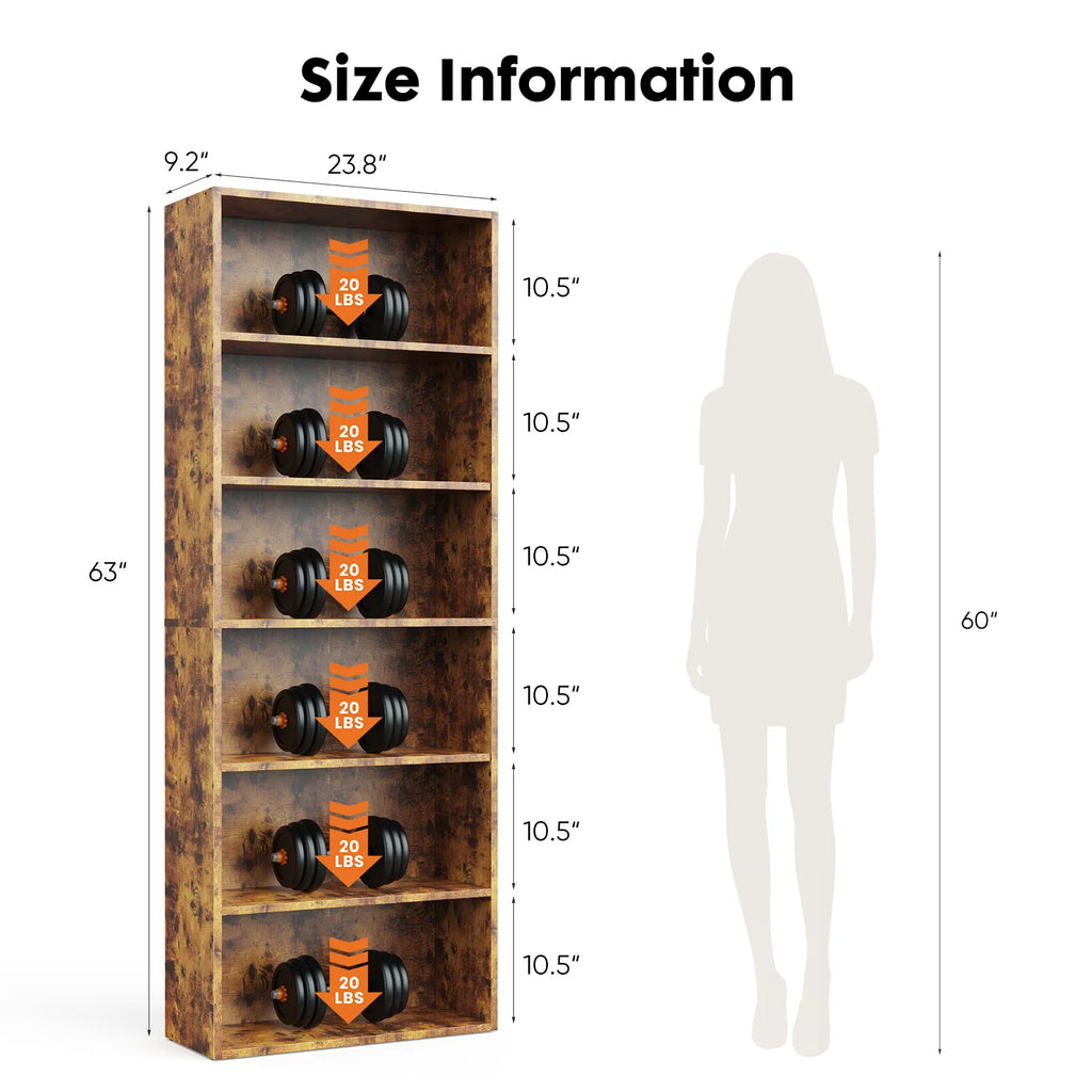 JHK 6-Tier Wooden Bookcase – 63 Inch Tall, Floor Standing Open Bookshelf for Living Room & Home Office