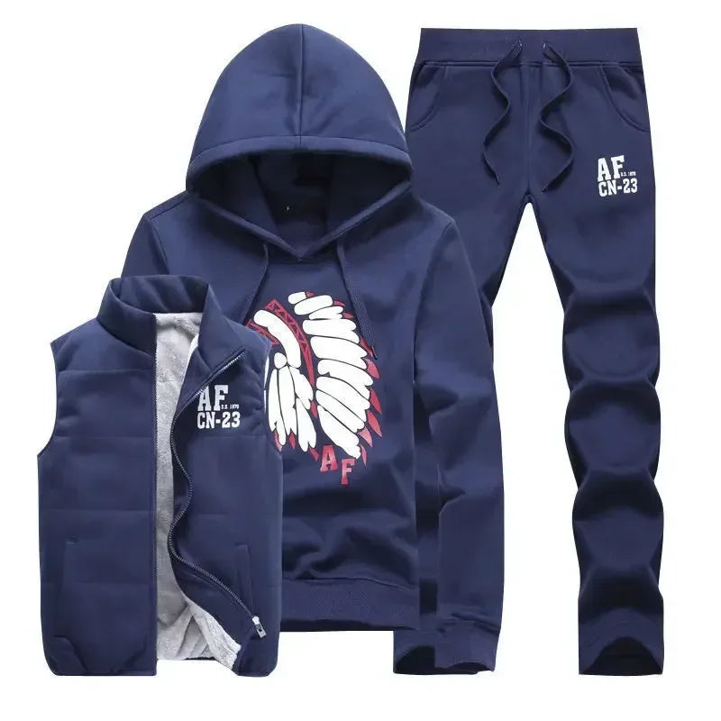 Men's 3-Piece Winter Tracksuit – Hoodie, Vest & Pants Thick Warm Set