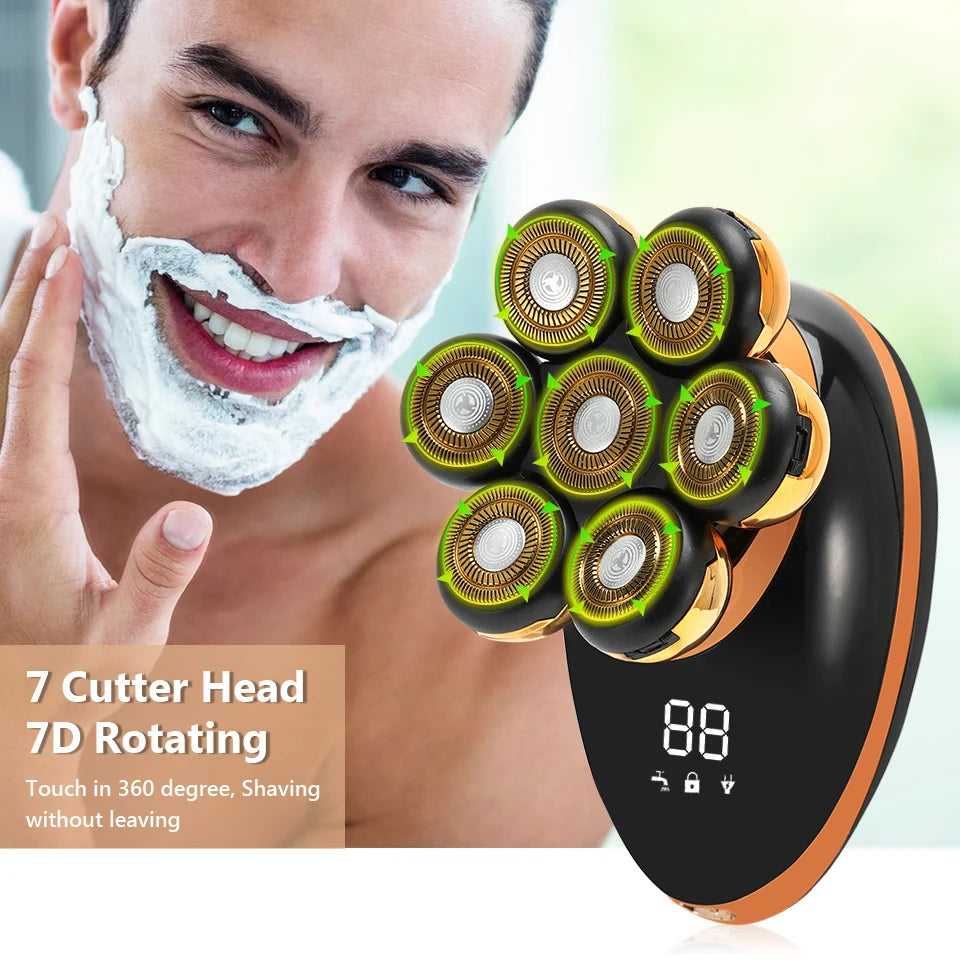 7D Floating Head Electric Shaver for Men – Wet/Dry Rotary Razor with LCD Display & Bald Head Trimmer