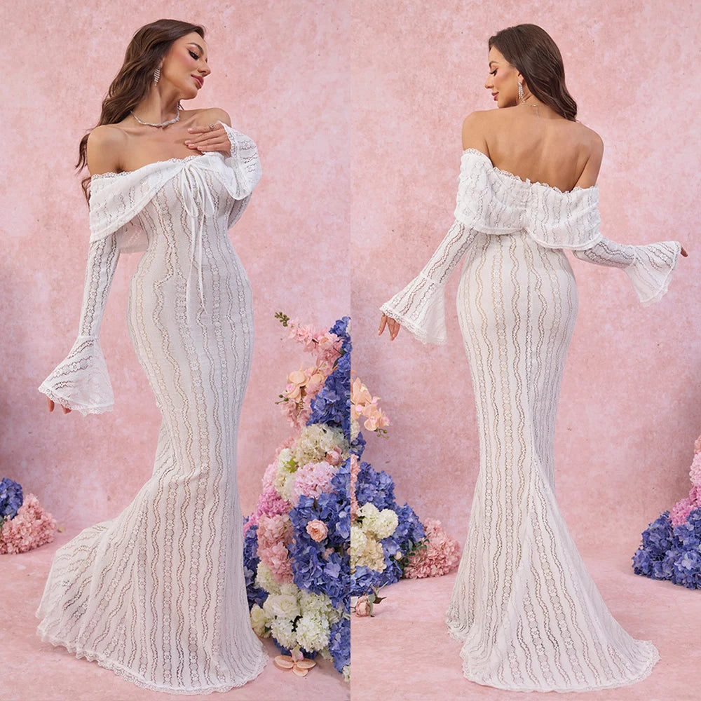 Elegant White Lace Evening Gown — Long Sleeve Wedding & Prom Dress