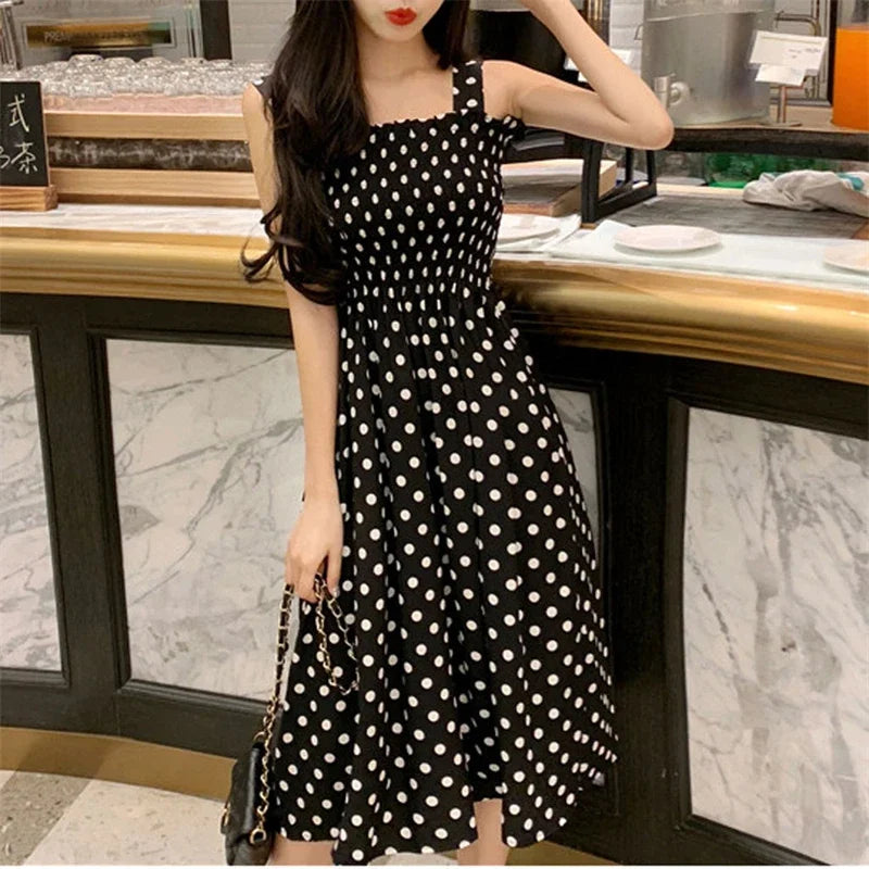 Polka Dot Square Neck Chiffon Maxi Dress — Sleeveless Elegant Long Dress