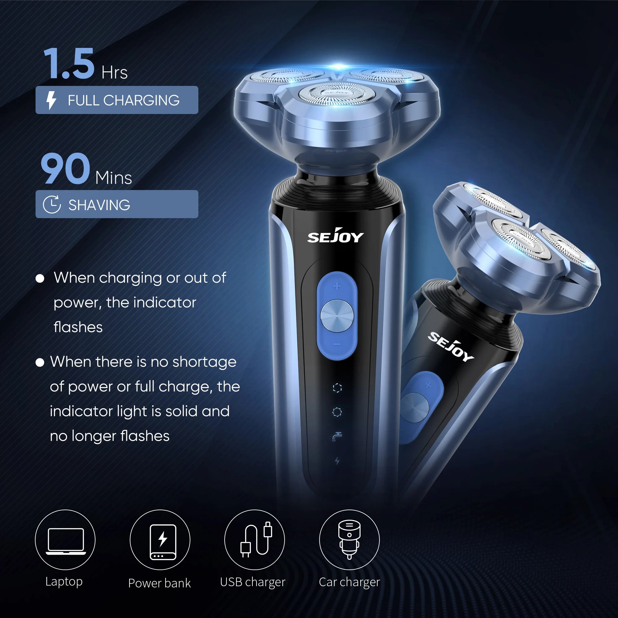 SEJOY 5-in-1 Rotary Electric Shaver for Men – IPX7 Waterproof, 90-Min Runtime, USB Fast Charge