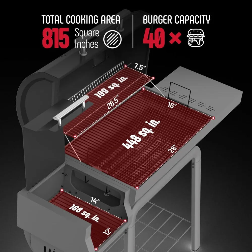 30-Inch Heavy-Duty Charcoal Grill with Offset Smoker | 815 Sq. In. Cooking Space, Side Table, Adjustable Vents, Wheels, Outdoor BBQ for Backyard & Patio