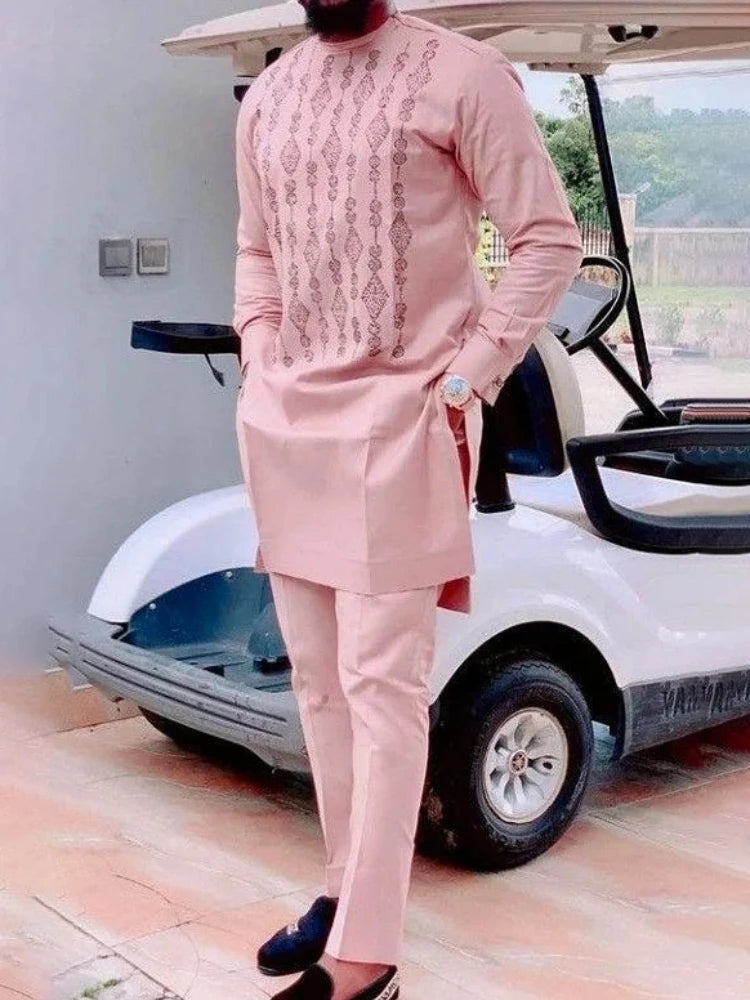 Men's Geometric Print Long Sleeve Top & Drawstring Pants Two-Piece Suit
