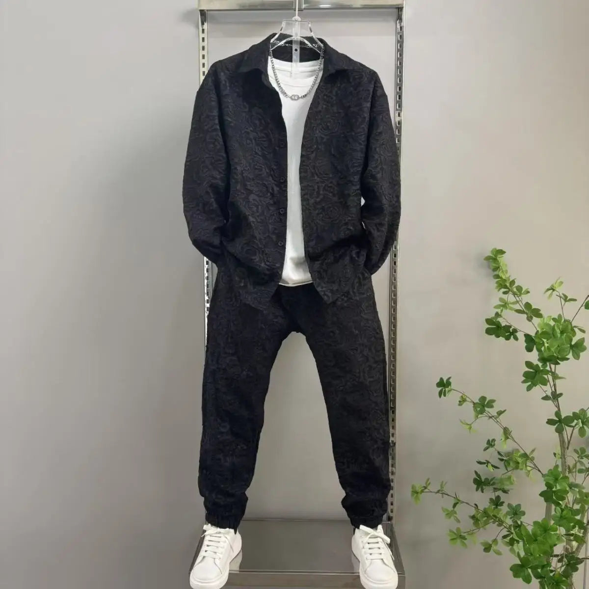 Men's Sporty Lapel Jacquard Long Sleeve Shirt & Pants 2-Piece Set – Spring Autumn Fashion