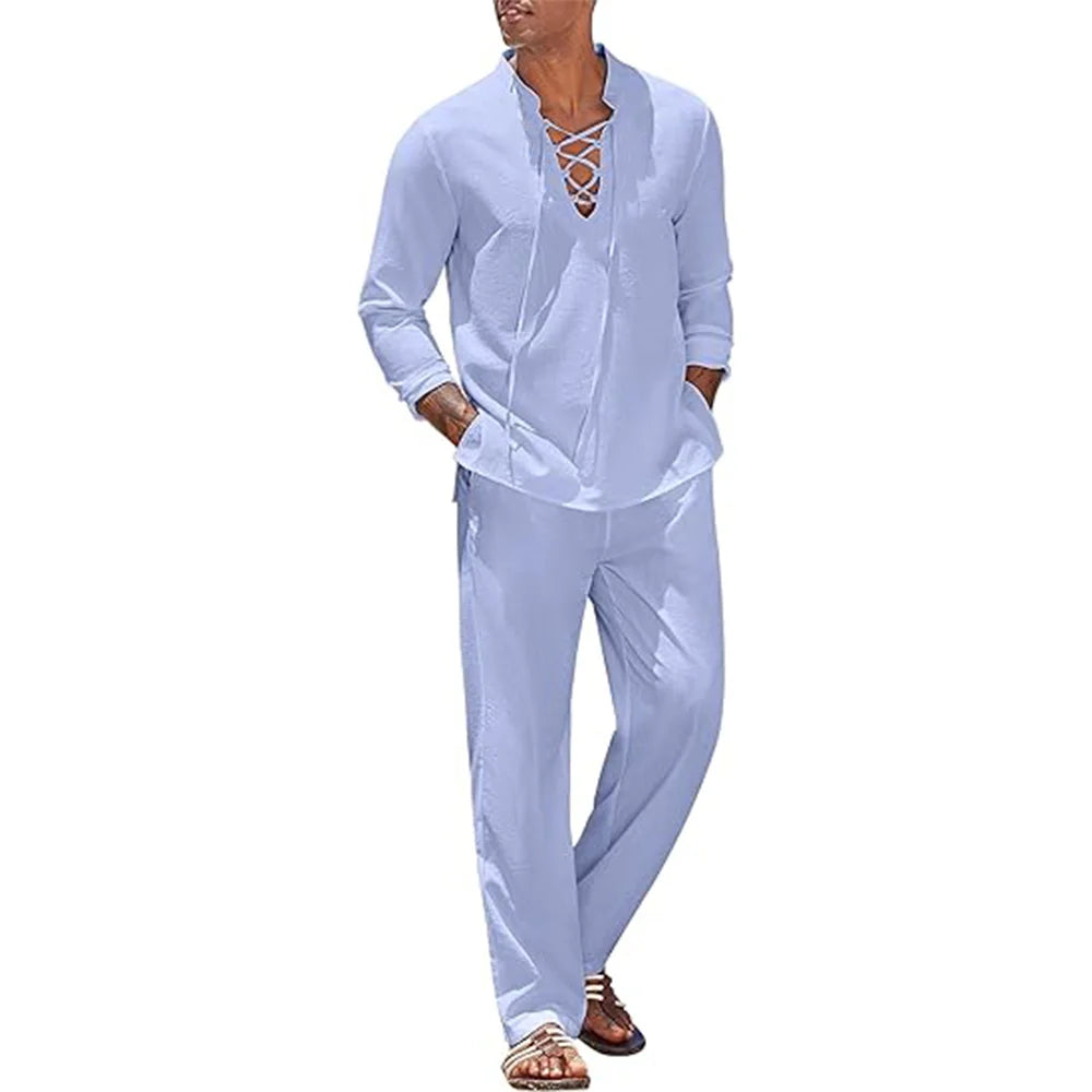 Men's Cotton Linen Shirt & Pants Set – Solid Color Hawaiian Beach Vacation Casual 2-Piece