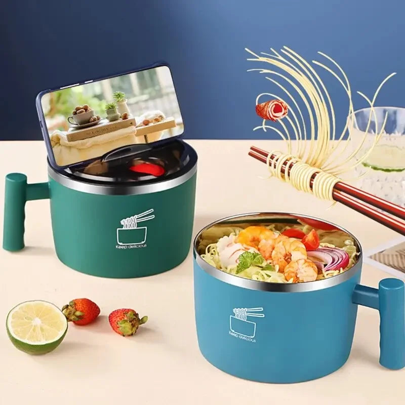 Stainless Steel Noodle Bowl with Lid — Sealed Portable Draining Bowl for Kitchen Use