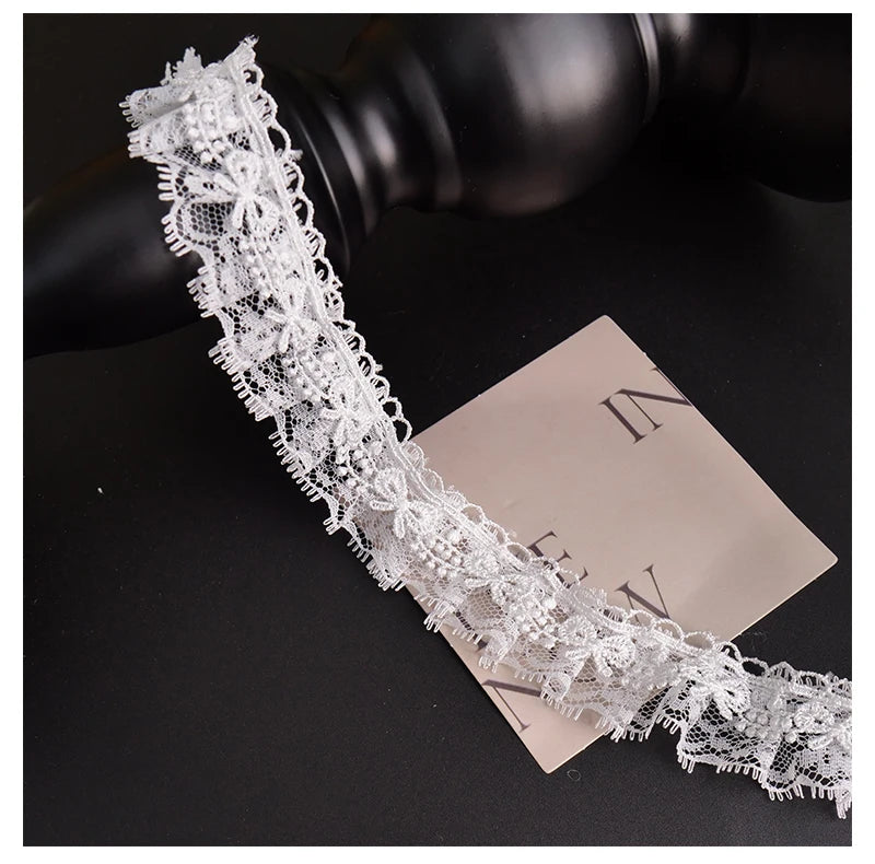 White Lace Ribbon Bow Trim — Embroidered Edge for Dresses, Bridal & DIY Crafts
