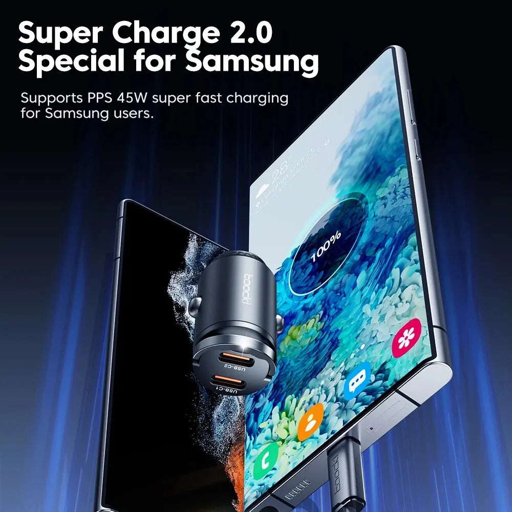 Toocki 45W Mini PD Car Charger — Fast Charging USB-C for iPhone & Samsung