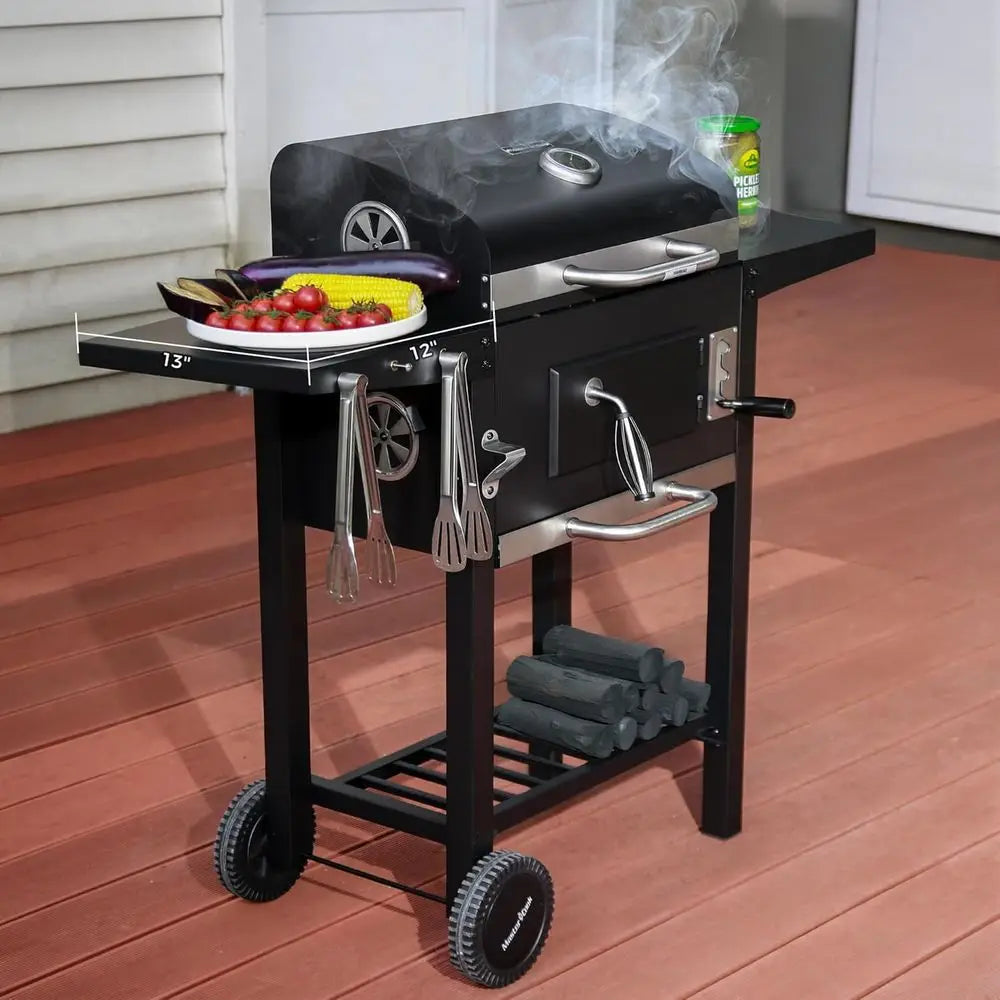 Portable Outdoor BBQ Grill | 353 Sq. In., Foldable Side Tables, 3-Level Charcoal Tray, 360° Wheels, Removable Ash Collector