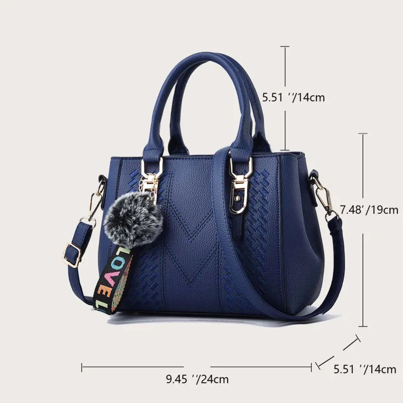 Embroidery Leather Messenger Bag – Women's Handbag with Hair Ball Charm in 12 Colors