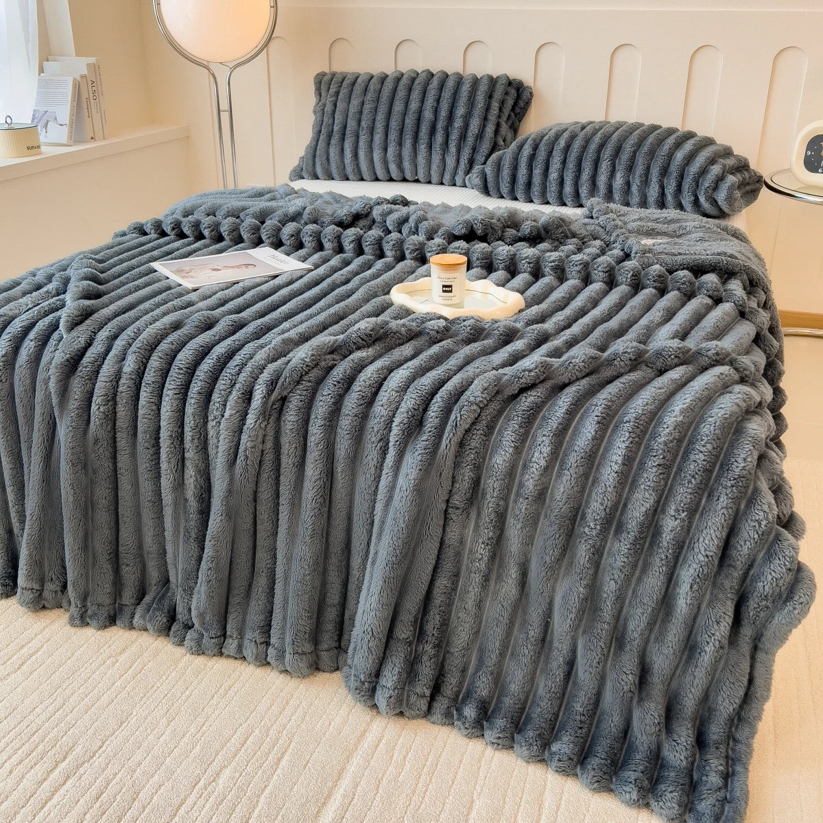 Striped Multifunctional Blanket – Thickened Coral Fleece for Bed, Nap, Sofa & Pets