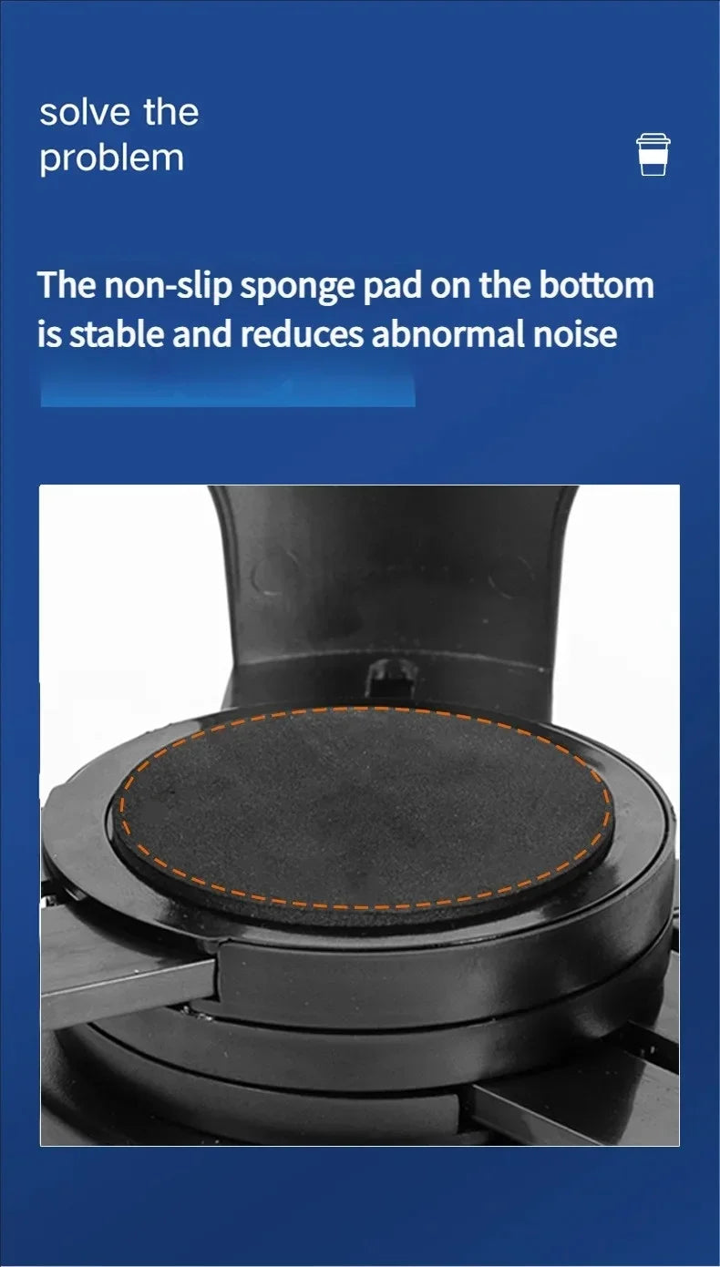 A close-up product photo of a black circular non-slip pad with orange stitching, shown inside a dark appliance or device. White text at the top reads, 'solve the problem' and 'The non-slip sponge pad on the bottom is stable and reduces abnormal noise.