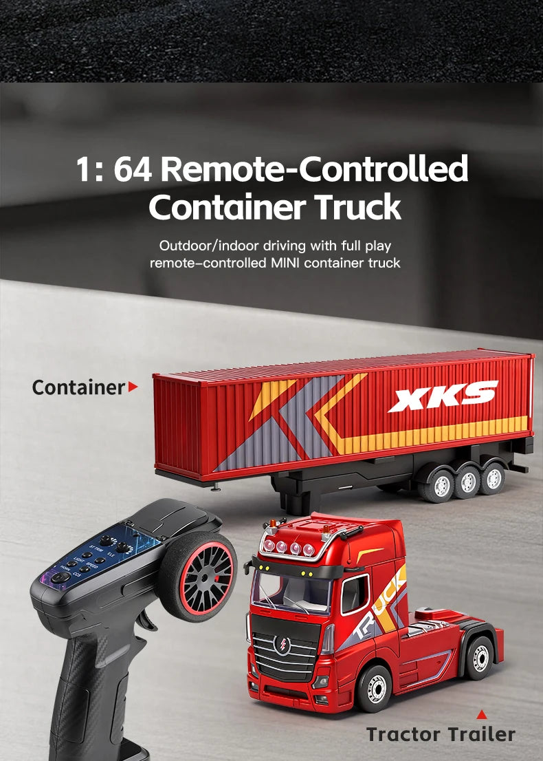 1:64 Mini Alloy RC Container Truck with Trailer – 4WD Drift Remote Control Tractor for Kids