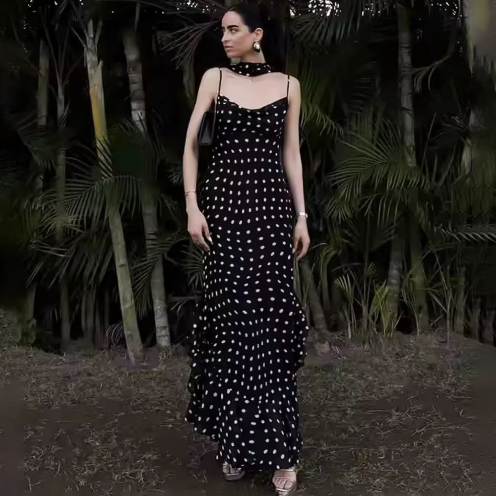 Elegant Polka Dot Halter Pleated Maxi Dress – Ruffle Sleeveless Evening & Party Dress
