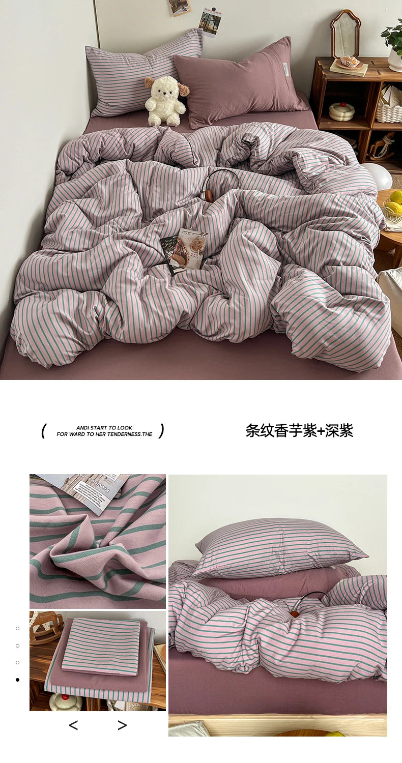 Stripe Print Washed Polyester Bedding Set – 3 or 4-Piece Duvet Cover with Sheet & Pillowcases, 6 Colors