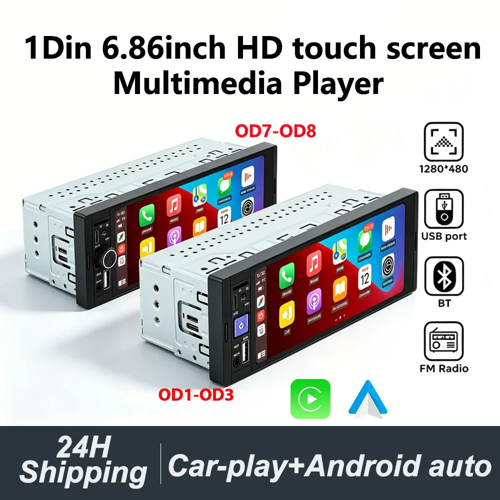1-DIN 6.86" Car Radio MP5 Player – Wireless CarPlay & Android Auto, FM, Bluetooth, TF, AUX | Universal Fit