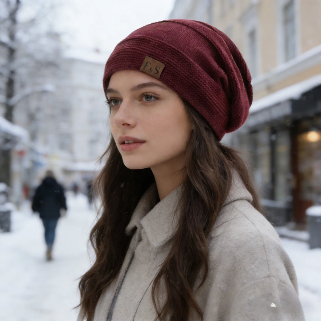 Unisex Slouchy Fur Lined Winter Beanie Hat — Warm Label Decor Knitted Cap for Men & Women