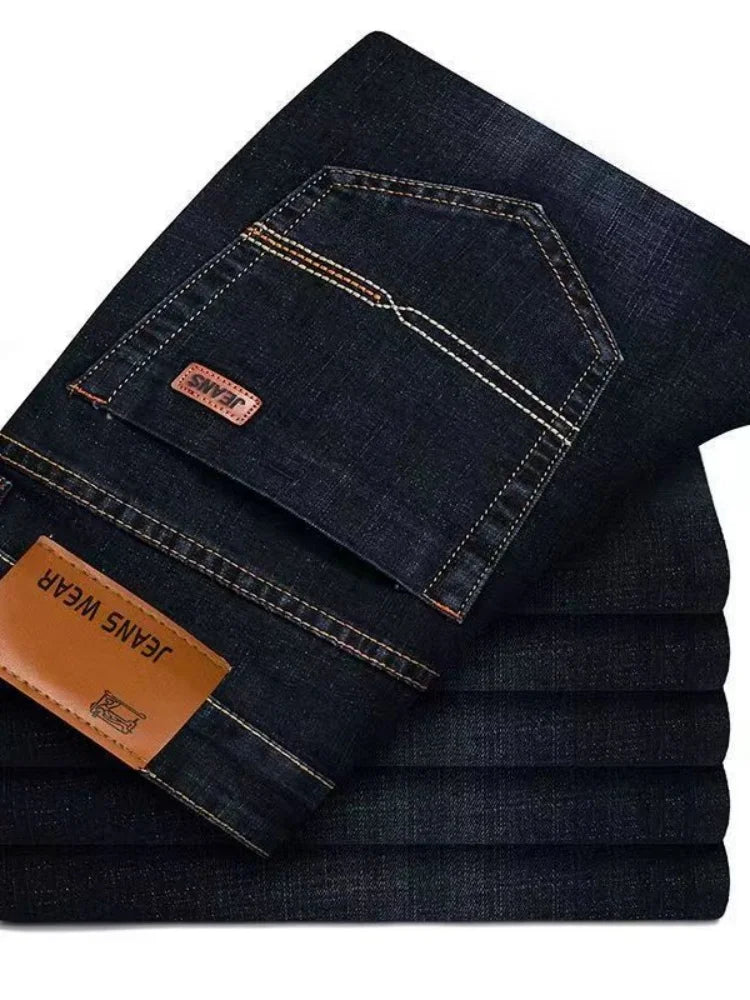 Men's Casual Straight Leg Jeans — Elastic Fit Classic Blue & Black Denim Pants