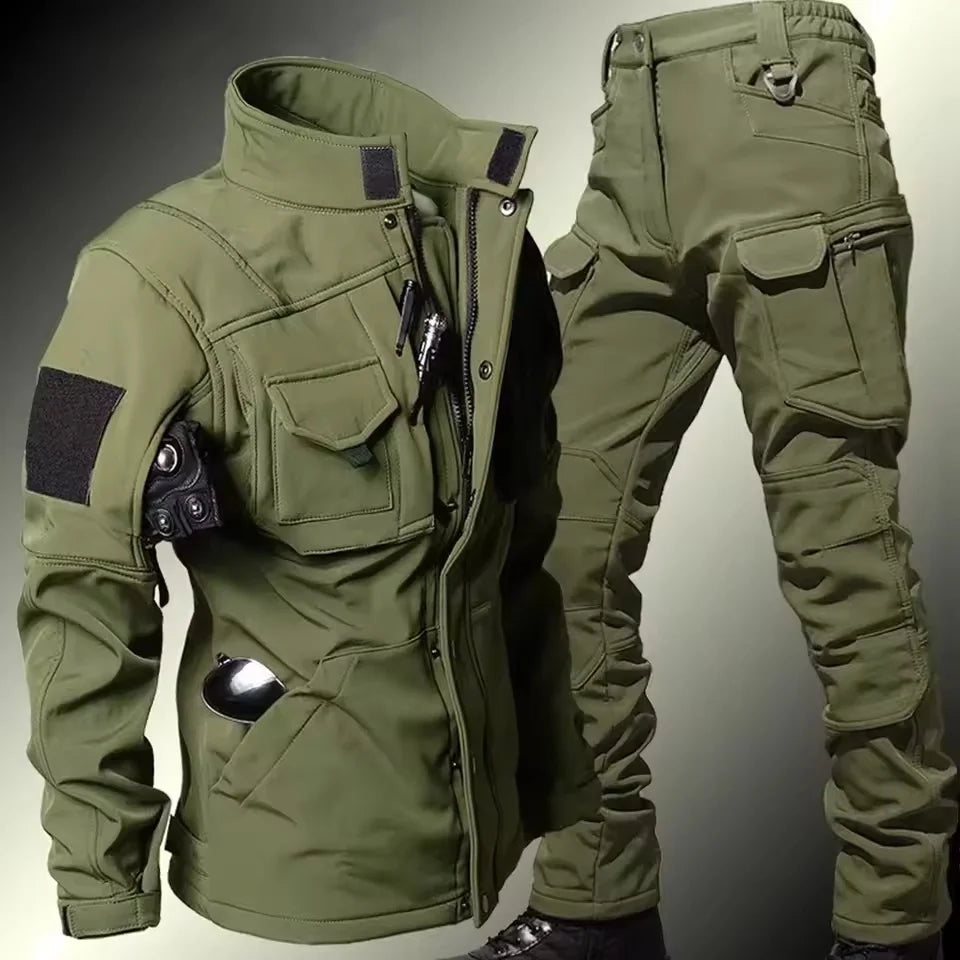 Men's Tactical Soft Shell Jacket & Cargo Pants Set – Waterproof Fleece-Lined Winter 2-Piece