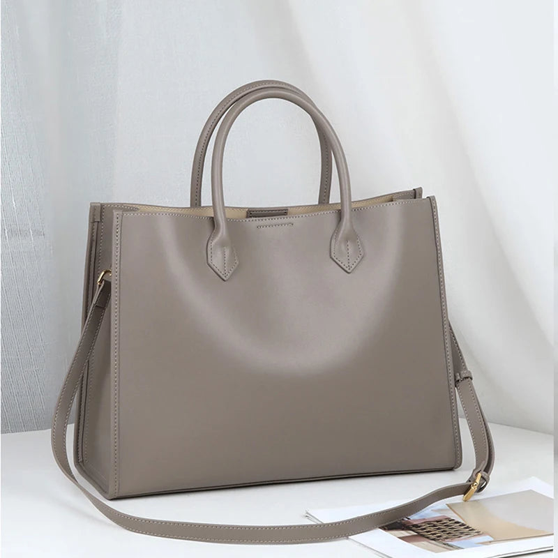 Luxury Cowhide Leather Tote Bag – Large Capacity Shoulder Bag with Laptop Compartment for Women