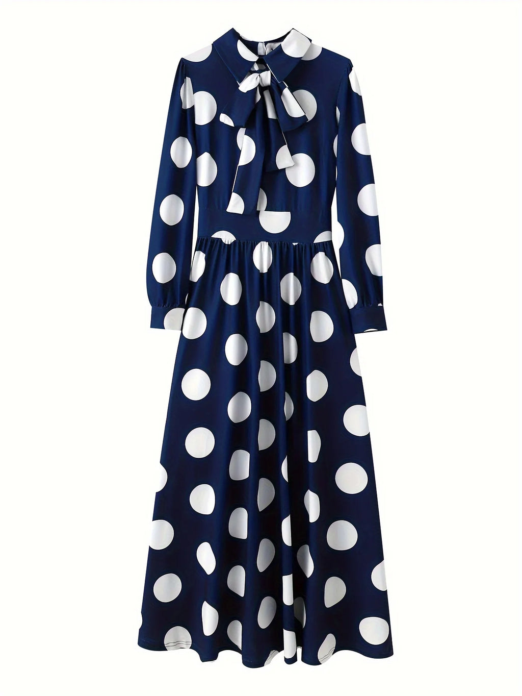 Bow Knot Polka Dot Maxi Dress — Long Sleeve Elegant Casual Lady Dress