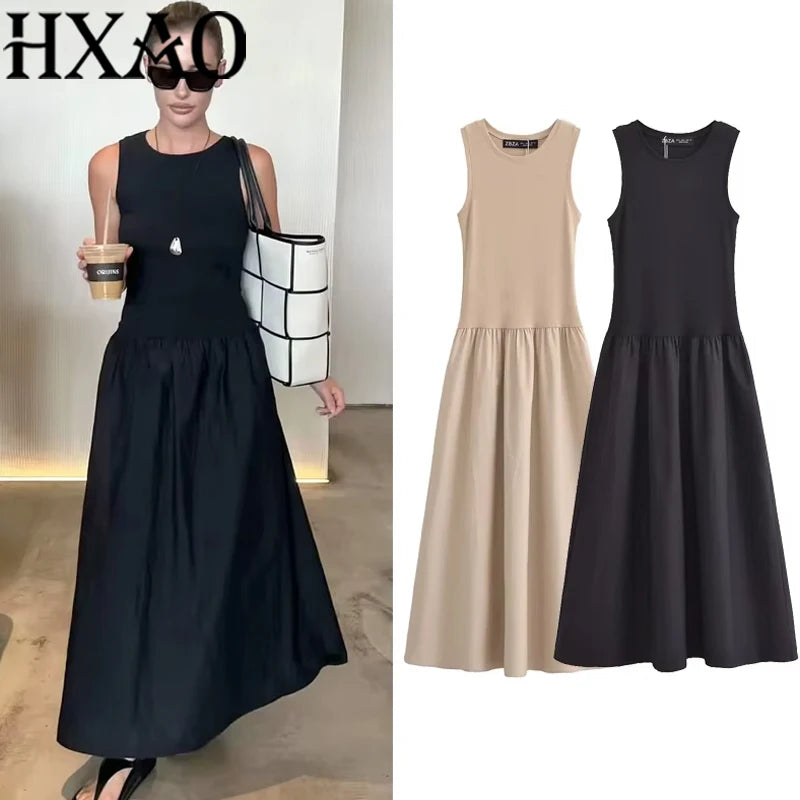 Sleeveless Elegant Maxi Dress — Vintage Casual Party Dress in Black & Khaki