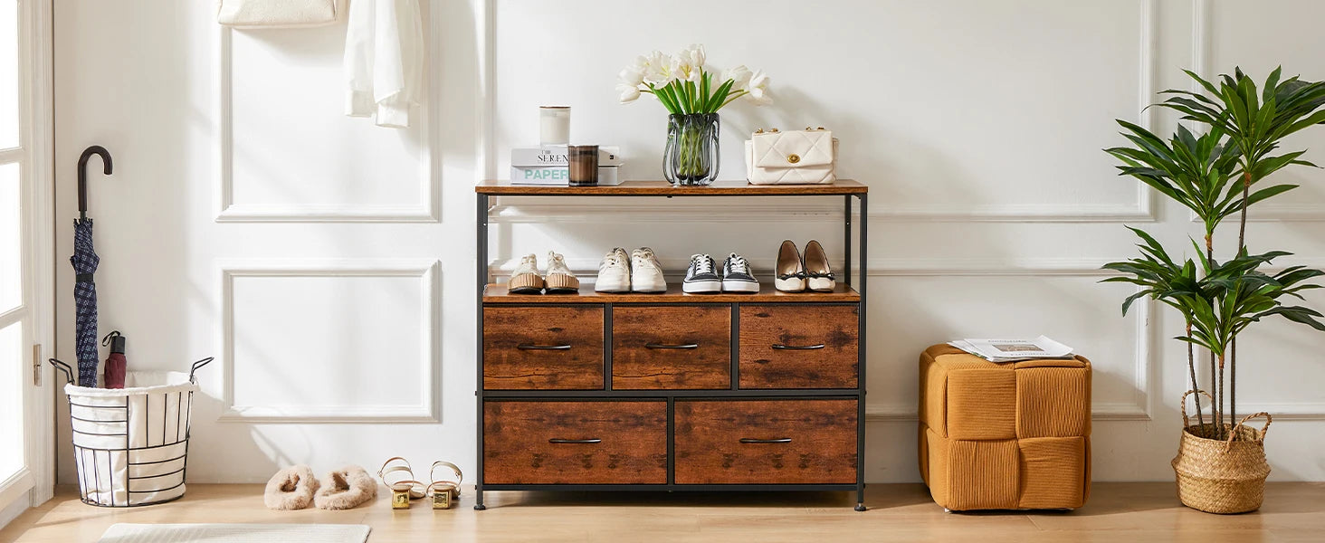 Fireplace TV Stand Dresser with 5 Fabric Drawers — Bedroom Storage Cabinet for 45" TVs
