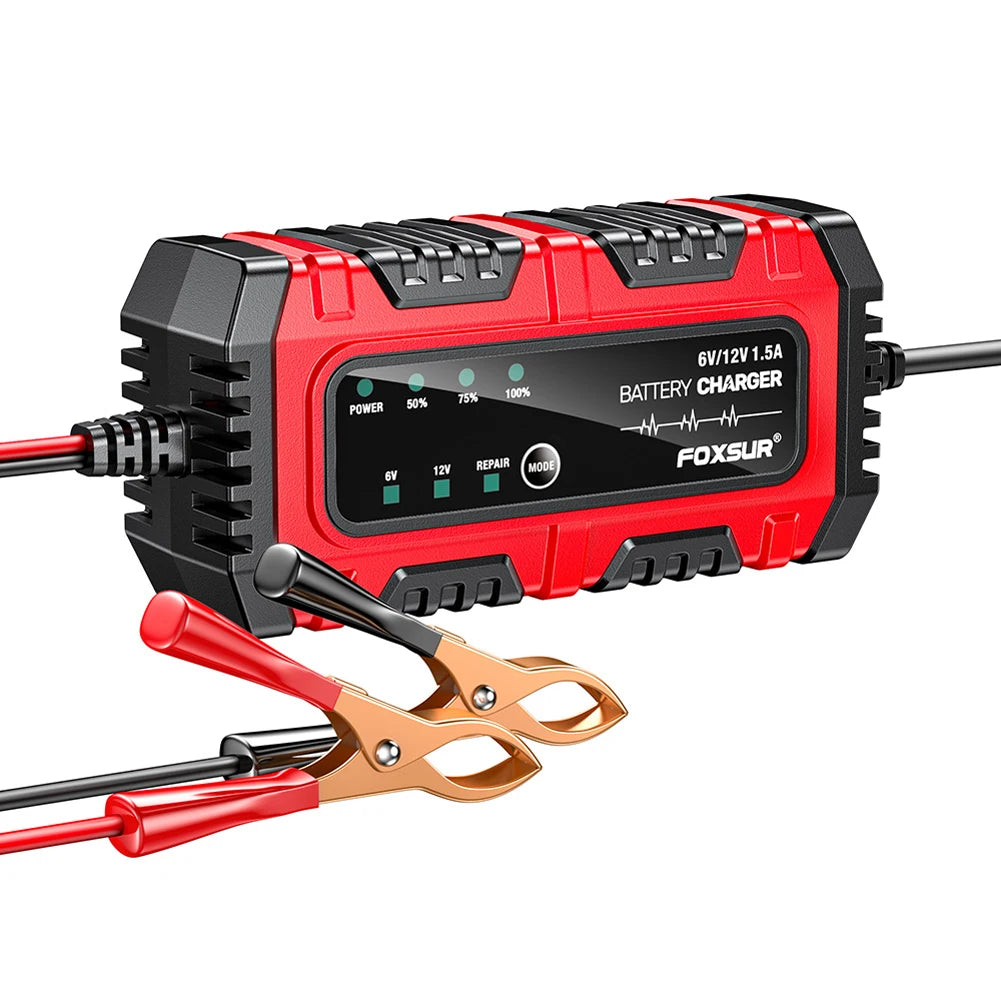 6V/12V 1.5A Smart Car & Motorcycle Battery Charger – Lead-Acid AGM GEL Charging Unit