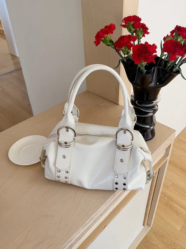 Women's Rivet PU Leather Motorcycle Shoulder Bag – Hot Girl Underarm Handbag in Black & White