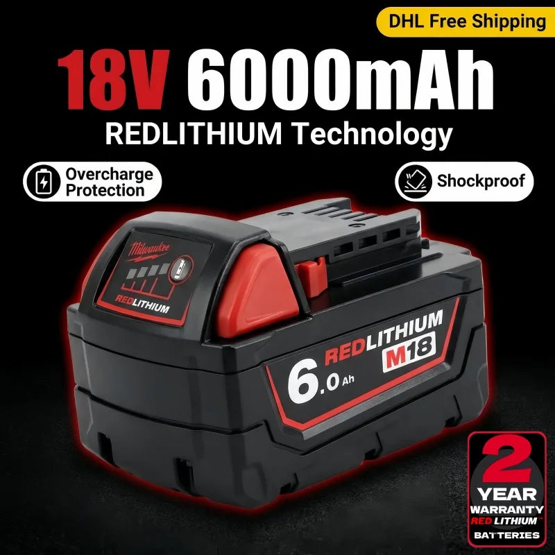 Milwaukee M18 6Ah Replacement Battery – 18V Lithium-Ion Rechargeable for M18 Cordless Power Tools