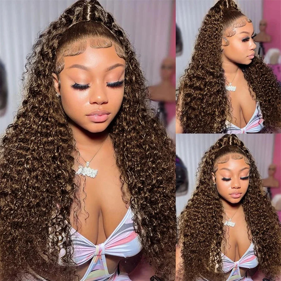 Chocolate Brown Curly 13x4 Lace Front Wig Human Hair Water Wave Brazilian Wig HD Lace 36 Inch for Women 13x6 Frontal Wig