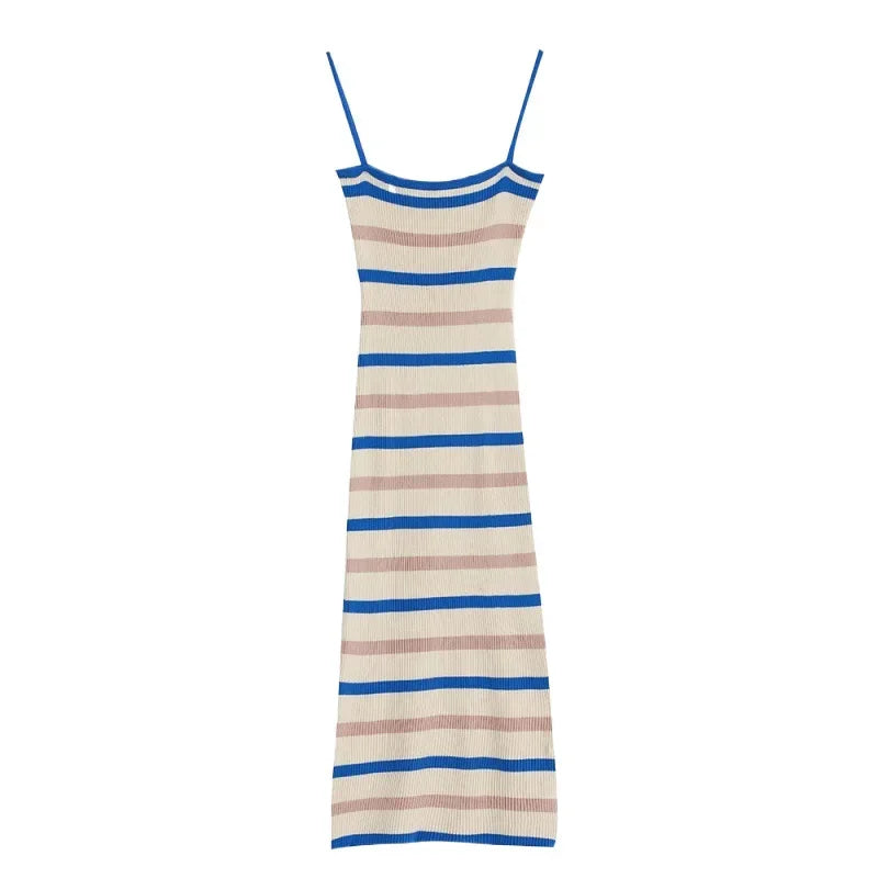 Elegant Camisole Knitted Striped Midi Dress – Sleeveless Slim Fit Summer Dress