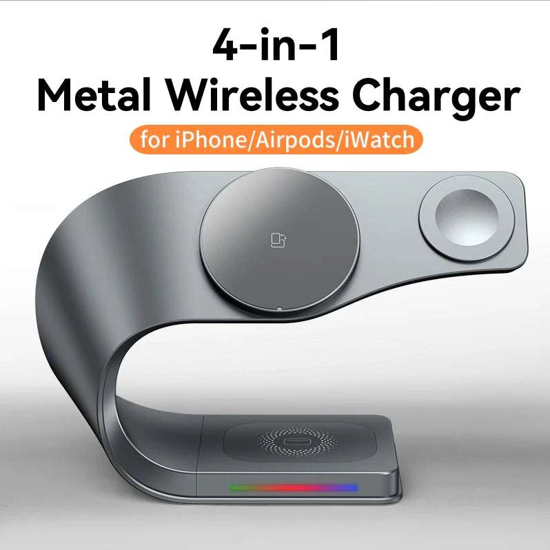 4-in-1 Metal Magnetic Wireless Charging Station 15W – iPhone 12–17, Apple Watch & AirPods