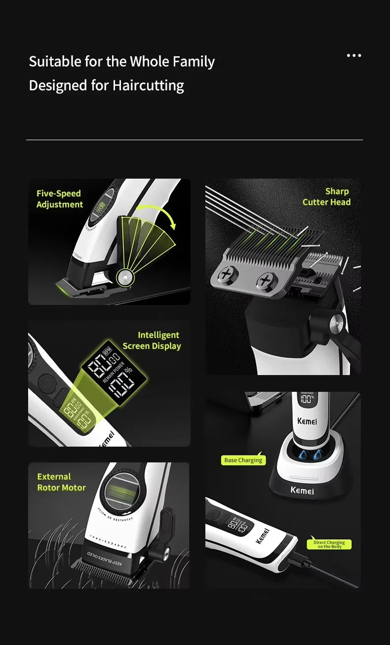 Kemei KM-1593 / KM-1595 Professional Brushless Clipper – 5-Speed, DLC Blade, 200-Min, USB-C