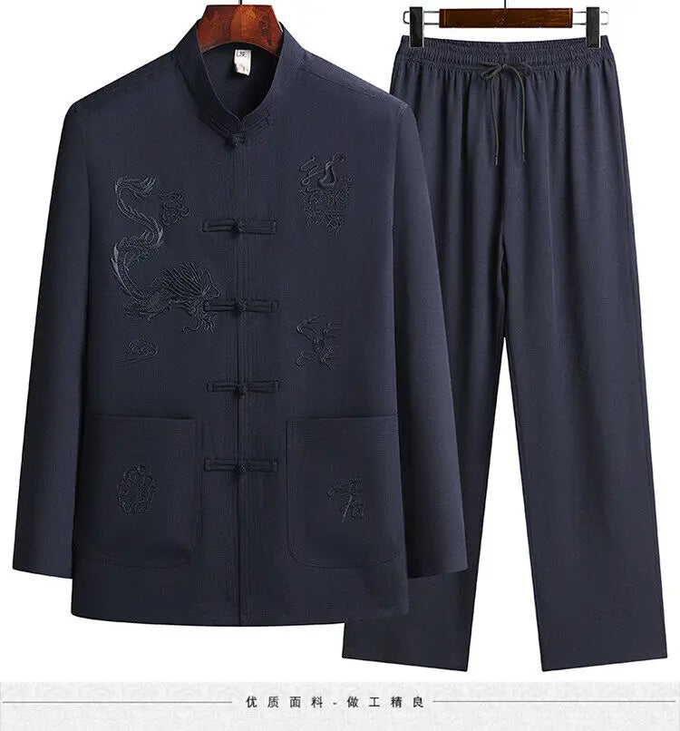 Men's Chinese Style Long Sleeve Shirt & Elastic Waist Pants Casual Set