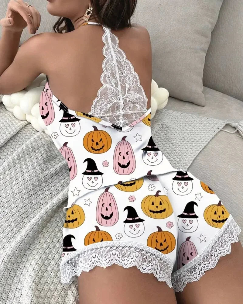 Solid Lace Backless Pajama Set — Sleeveless V-Neck 2-Piece Sleepwear
