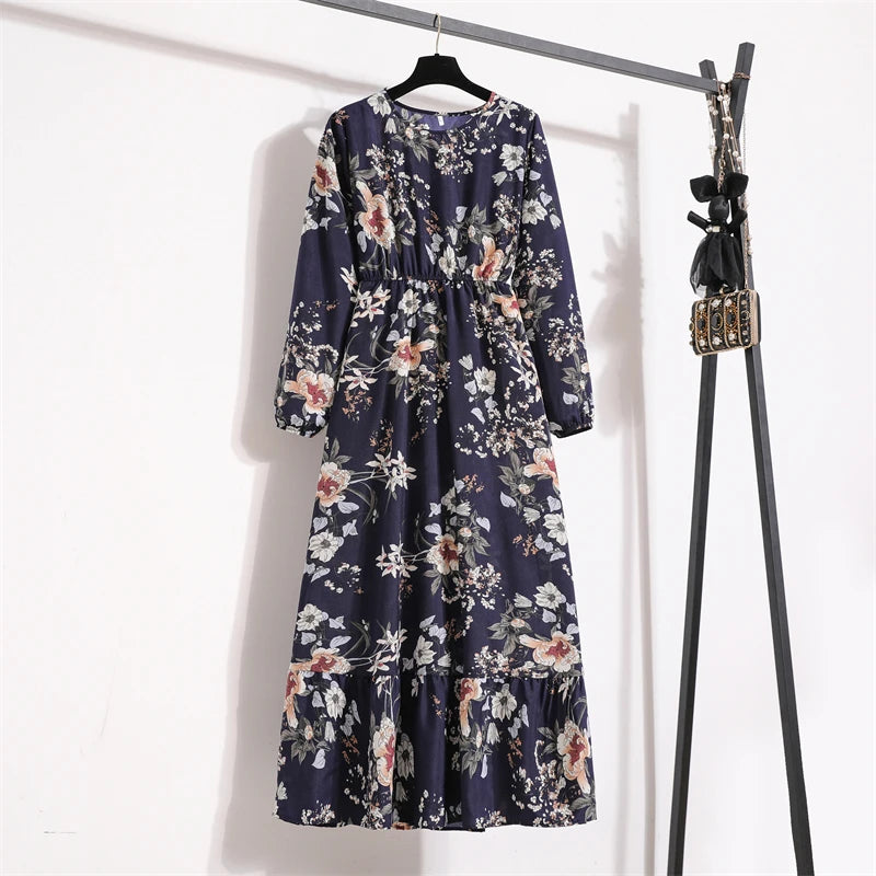 Women Long Dresses Spring Summer Casual Full Sleeve Floral geometry Printed O neck Woman Bohe Beach Party Dress Mujer Vestidos