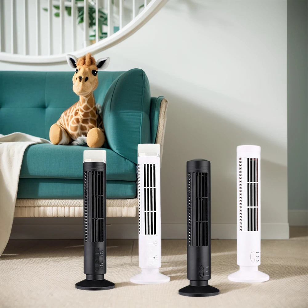 LED Bladeless Tower Fan — USB Powered, 2-Speed, Safe for Kids & Pets, Space-Saving Design