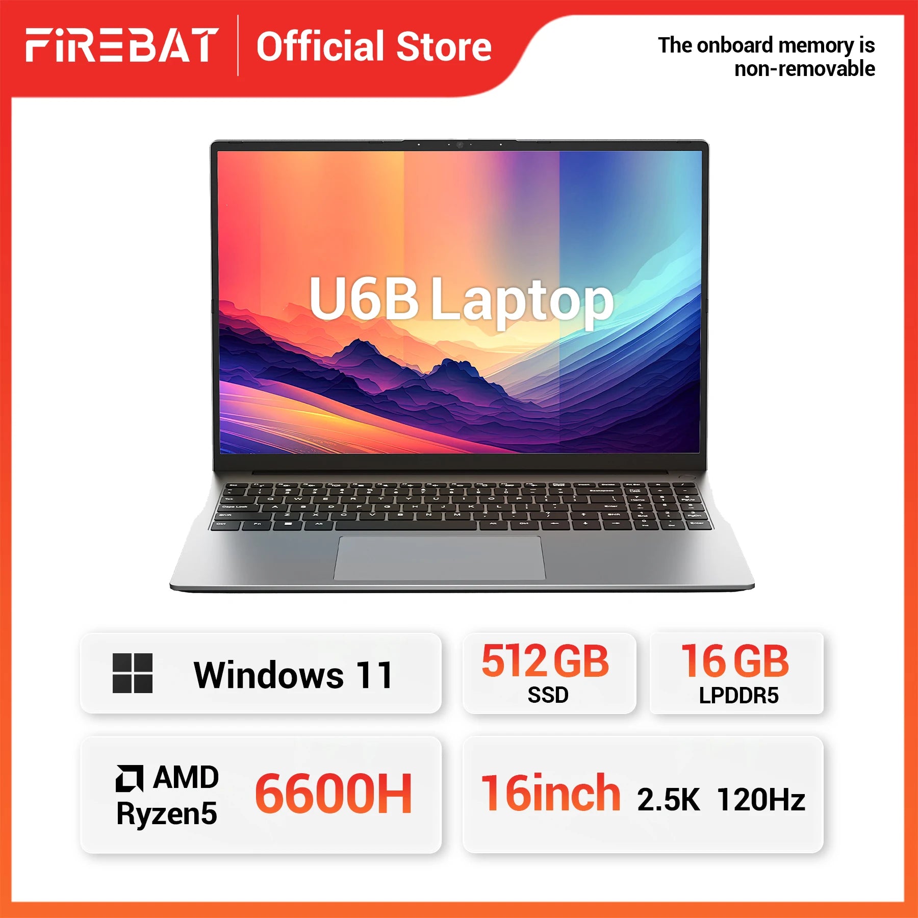 FIREBAT U6B 16" AMD Ryzen 5 6600H Laptop – 16GB LPDDR5, 512GB NVMe SSD, 2.5K 120Hz, Wi-Fi 6, Windows 11